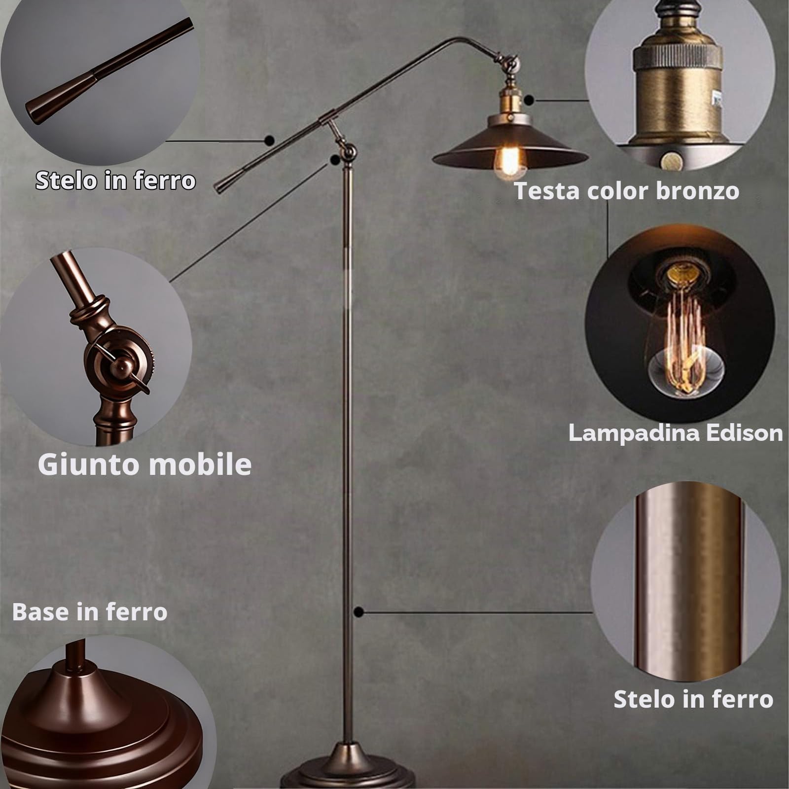 Piantana Lampada da Terra Salotto Vintage Industriale, Telecomando | Lampada Soggiorno LED Dimmerabile in Metallo, E27, 3000K–6000K, Timer 30/60 Min e Interruttore a Pedale per Lettura, Ufficio