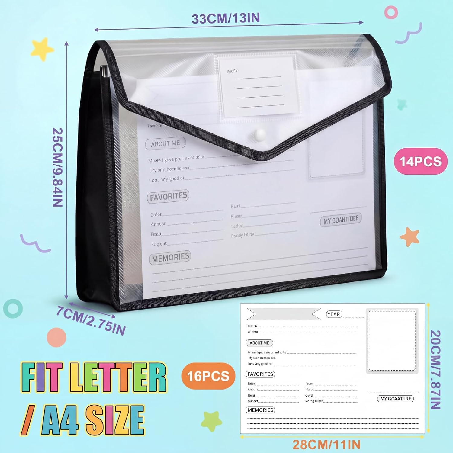 Motipuns 14 Pack K-12 School Memory Box End of The Year Large Capacity with 16 Memory Questionnaires School Year Organizer Keepsake Scrapbook from Pre to 12th Grade File Picture Folder (Black)