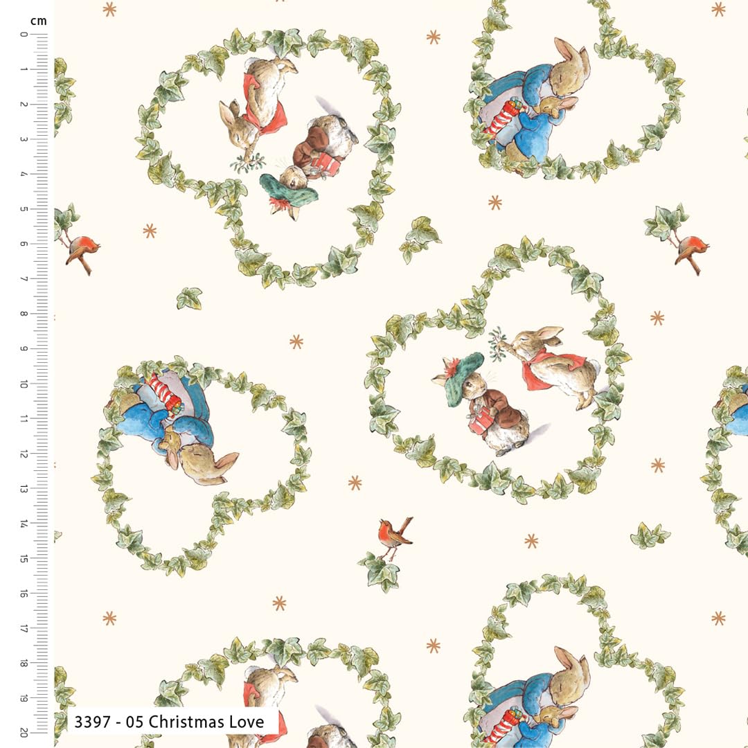 100% Cotton Poplin Christmas Fabrics - Peter Rabbit Holly Berry Jolly Poinsettia Foliage Joy Cosy Xmas - Sewing Quilting Dress Fabric - Simply Sew Crafty™(Peter Rabbit - Christmas Love, 0.5 Metre)