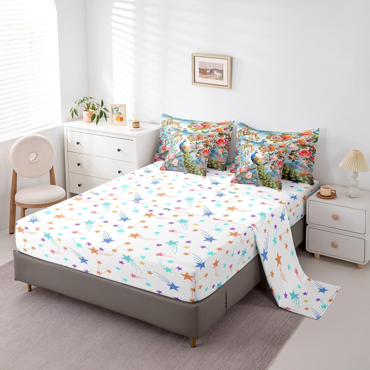 Feelyou Peacock Bed Set Includes Comforter, Sheet Set, Pillowcases Animal Theme 7 Pieces Bedding Set Wildlife Zoo Animals Bed in a Bag, for Women Men Room Decor Peacock Floral Queen Size