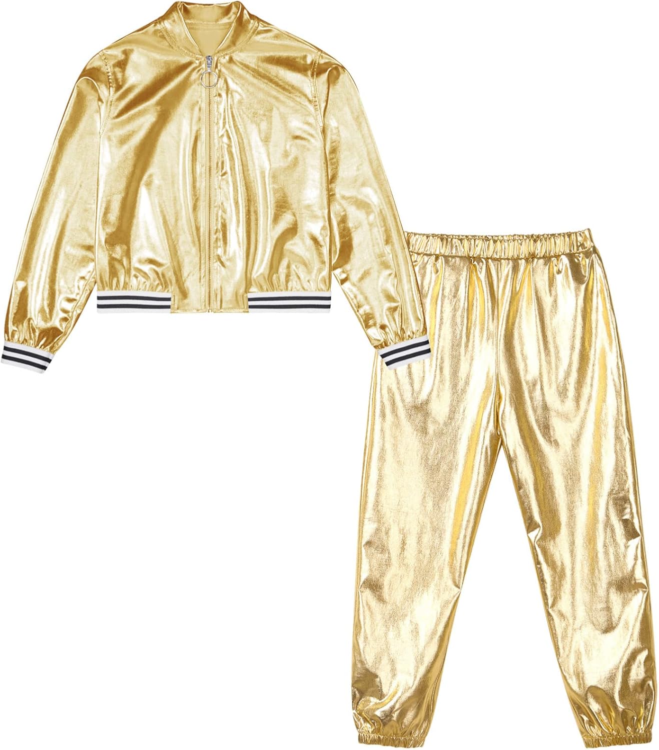 TiaoBug Kids Boys Girls Jazz Hip Hop Dance Costume Shiny Metallic Long Sleeves Bomber Jacket Pants Dancewear Set - Image 3