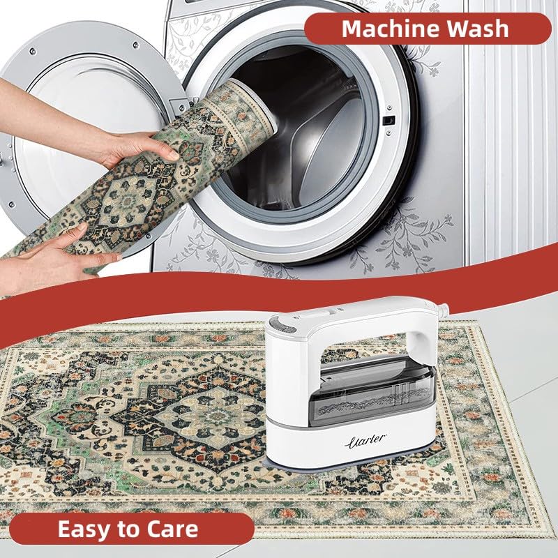 Poowe Alfombra verde floral lavable, estilo bohemio, elegante, diseño desgastado, no desprende pelusa, fácil cuidado, ideal para zonas de alto tráfico en sala de estar, dormitorio, oficina, cocina,