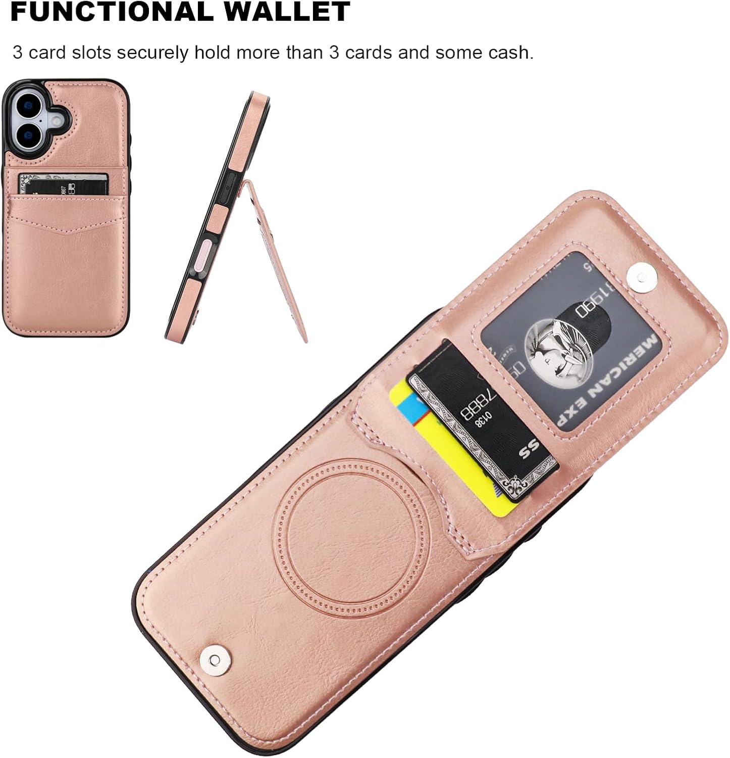 KIHUWEY for iPhone 17 Case Wallet Compatible with MagSafe Wireless Charging, Credit Card Holder, RFID Flip Leather Magnetic Clasp Kickstand Heavy Duty Protective Cover 6.3 Inch (Rose Gold)
