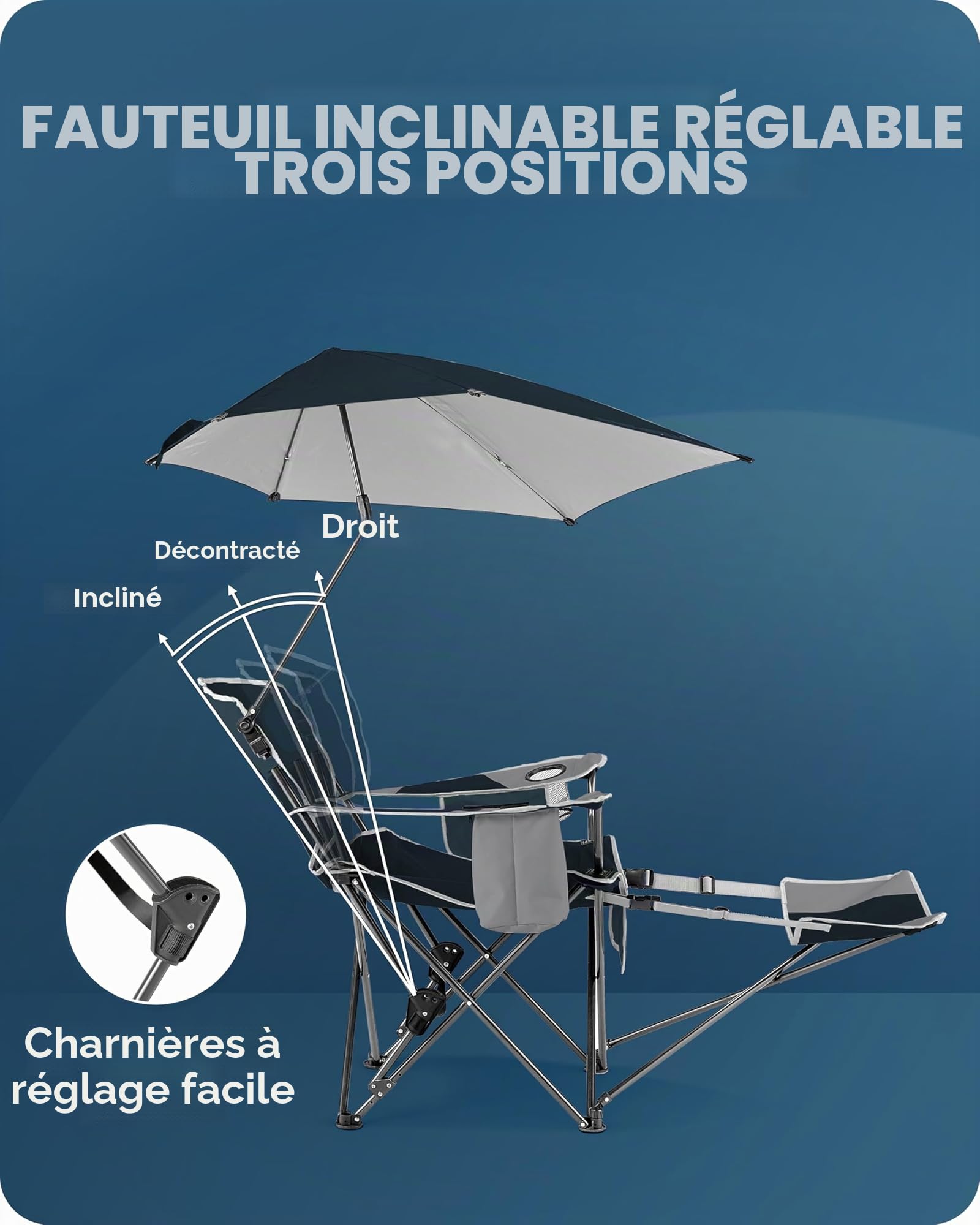 Sport-Brella Chaise Pliante Fauteuil inclinable Fauteuil de Relaxation à 3 Positions avec Parapluie Amovible, Bleu Nuit