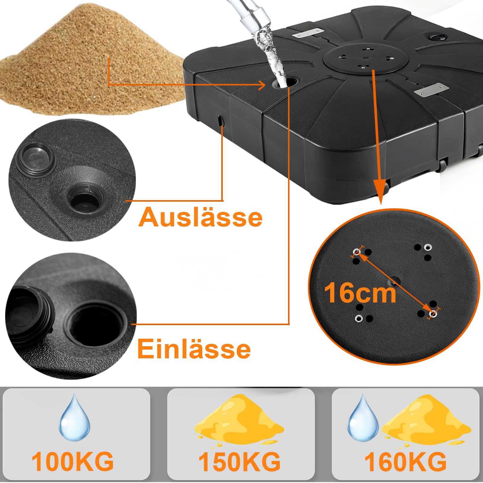 RANSENERS 110L Support de Parasol Déportés, avec 4 Roues, Pied Parasol Convient aux Toitures de Moins de 14 m², Remplie d'eau et Sable, Poids Approx. 110–170 kg