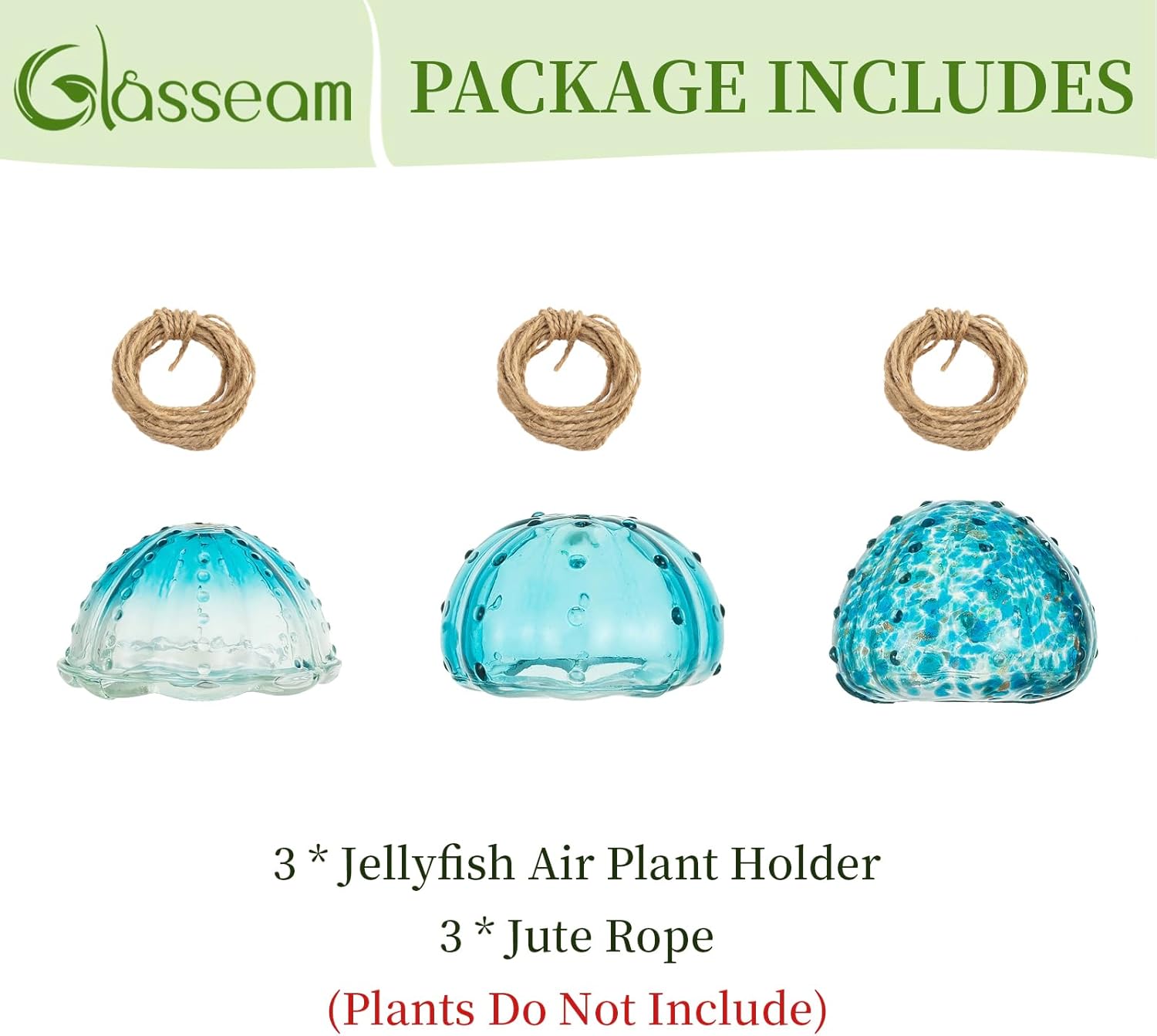 Glasseam Hanging Air Plant Holder: 3Pcs Glass Jellyfish Air Plant Hanger with Jute Ropes for Tillandsia Succulent Houseplants - Cute Airplant Display Container for Indoor Home Decor