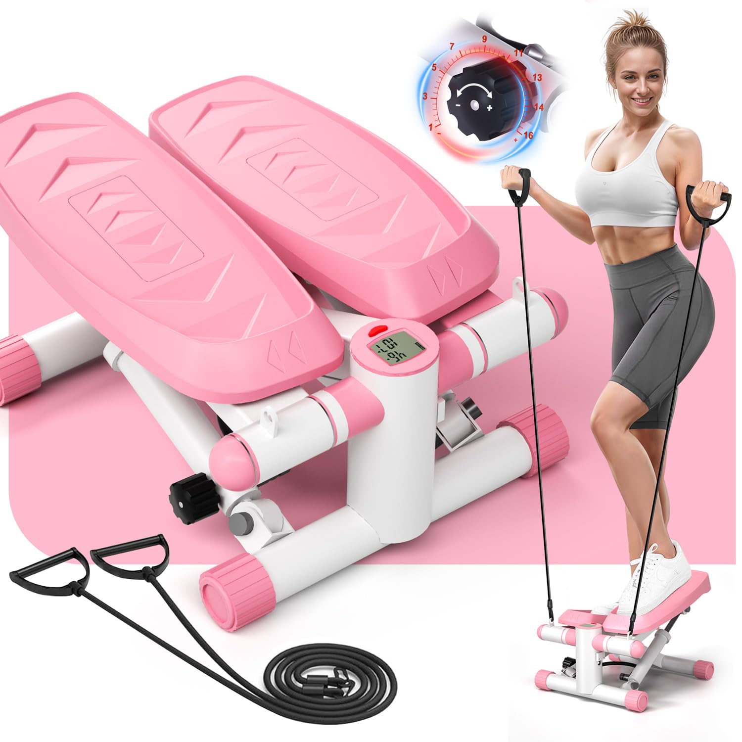 Steppers for Exercise, Air-Powered Mini Steppers with Resistance Bands for Home Fitness, 330LBS Loading Upgraded Stair Steppers, 10DB Super Quiet Fitness Steppers with LCD Monitor