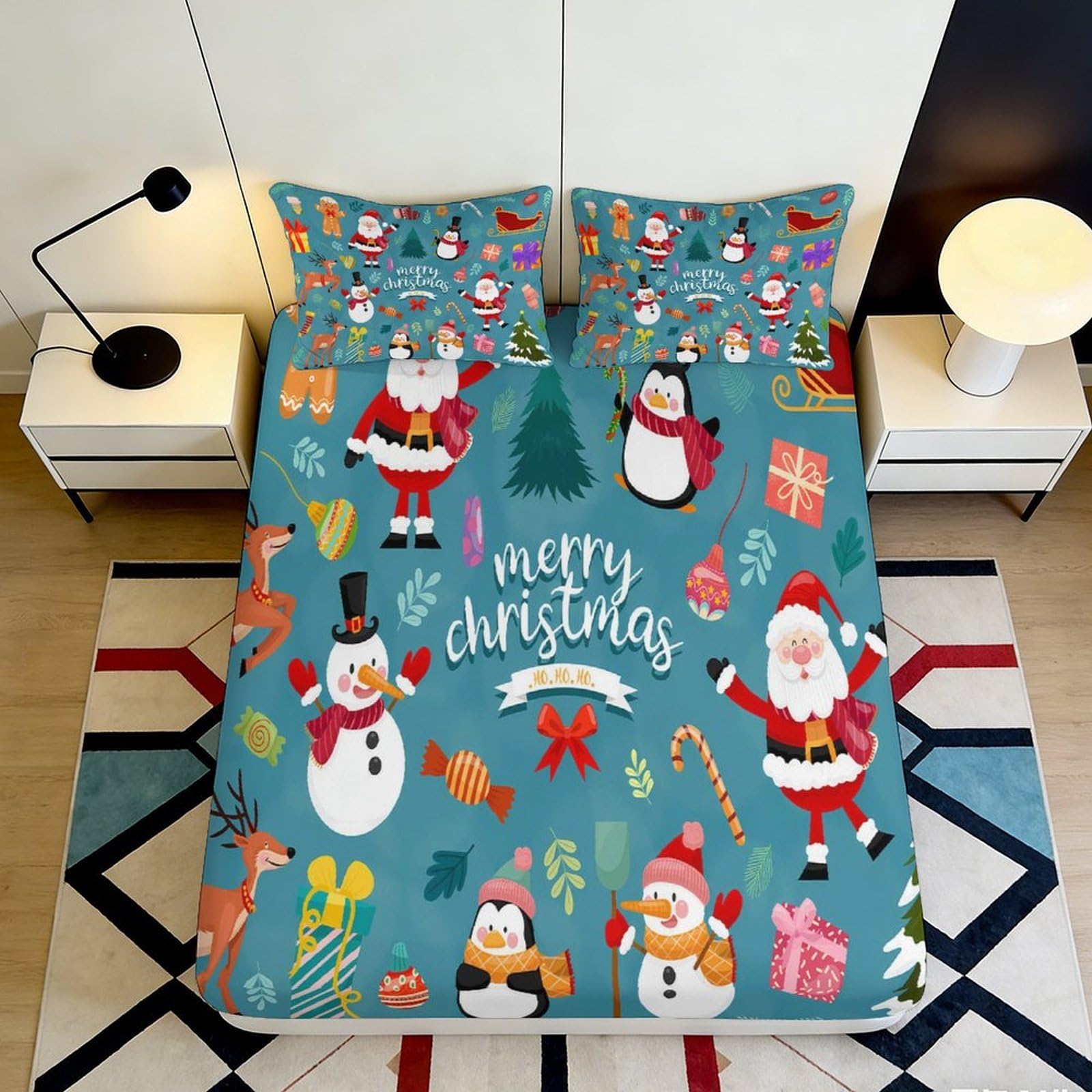 3D Printed Christmas Santa Fitted Sheet Microfiber Soft Snowman Bed Cover for Bedroom Guest Room Holiday Decor 90x200x25cm