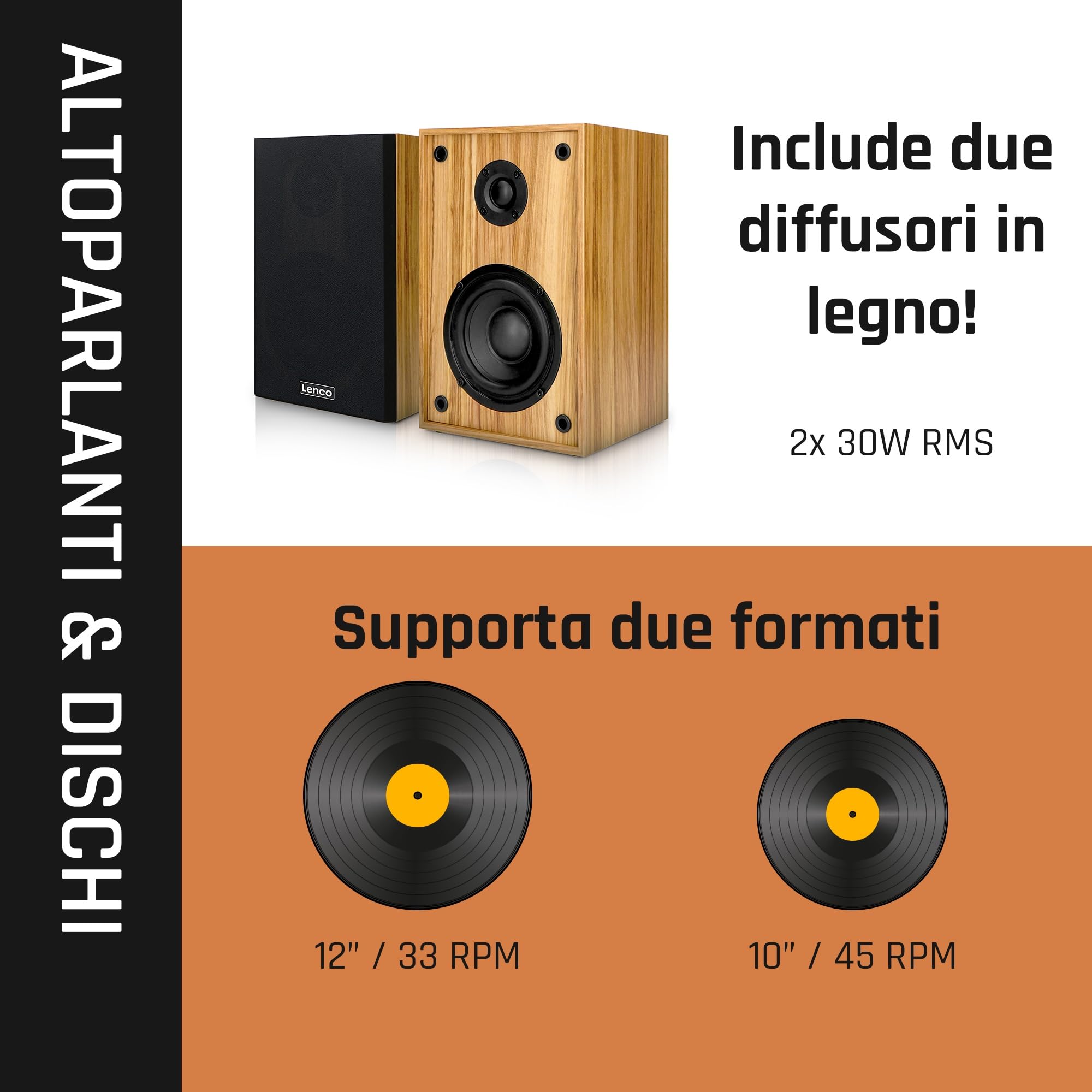 Lenco Giradischi Vinile Stereo con Altoparlanti - Bluetooth - LS-500OK con Trasmissione a Cinghia - Vassoio in Metallo da 280 mm - Preamplificatore - Cartuccia Audio Technica - Legno