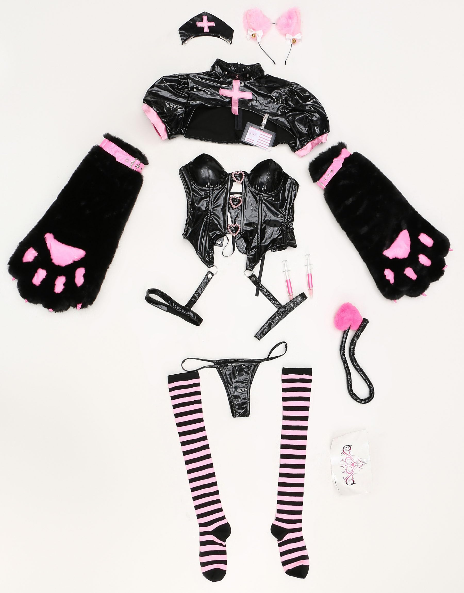 Mobbunny Nurse Cosplay Costume Nurse Lingerie Set Top and Panty with Furry Cat Paw Claws Sleeves and Thigh Socks: X-Large Black