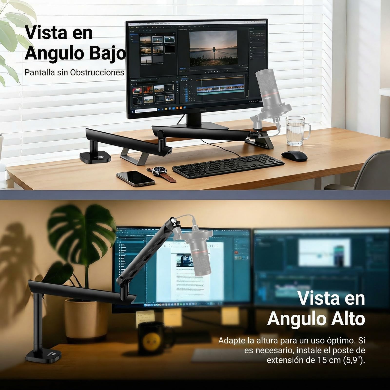 NEEWER Soporte de micrófono, soporte de micrófono amortiguado de perfil bajo, soporte de escritorio con brazo de brazo, cabeza de bola de 360°, canales de cable mejorados, adaptadores de 3/8 pulgadas