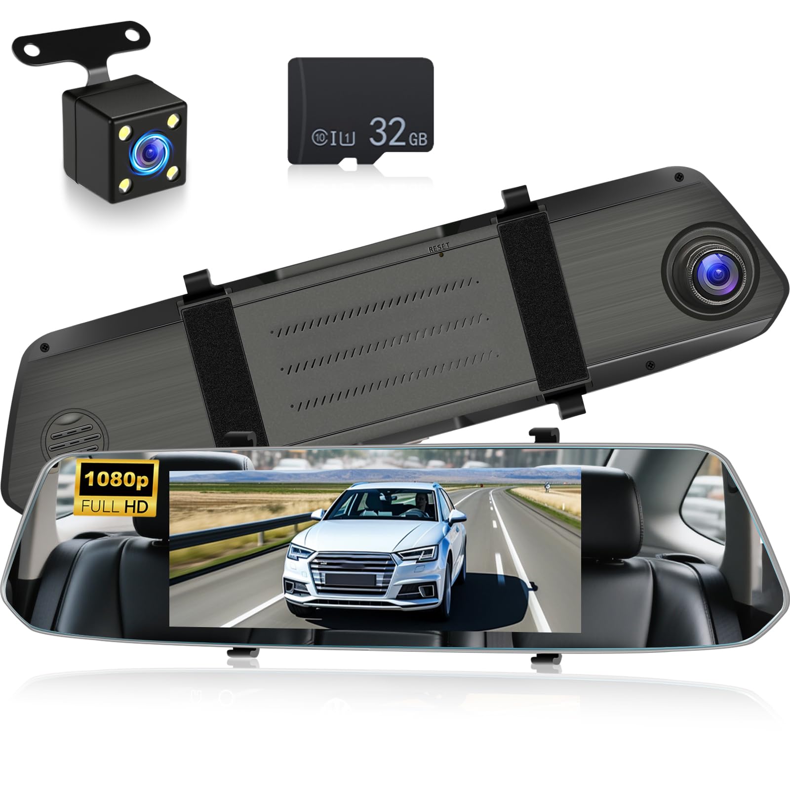 NHOPEEW Dash Cam a specchio da 7 pollici con doppia telecamera anteriore e posteriore - Sensore di gravità/registrazione in loop/rilevamento del movimento/monitor di parcheggio + scheda SD da 64G