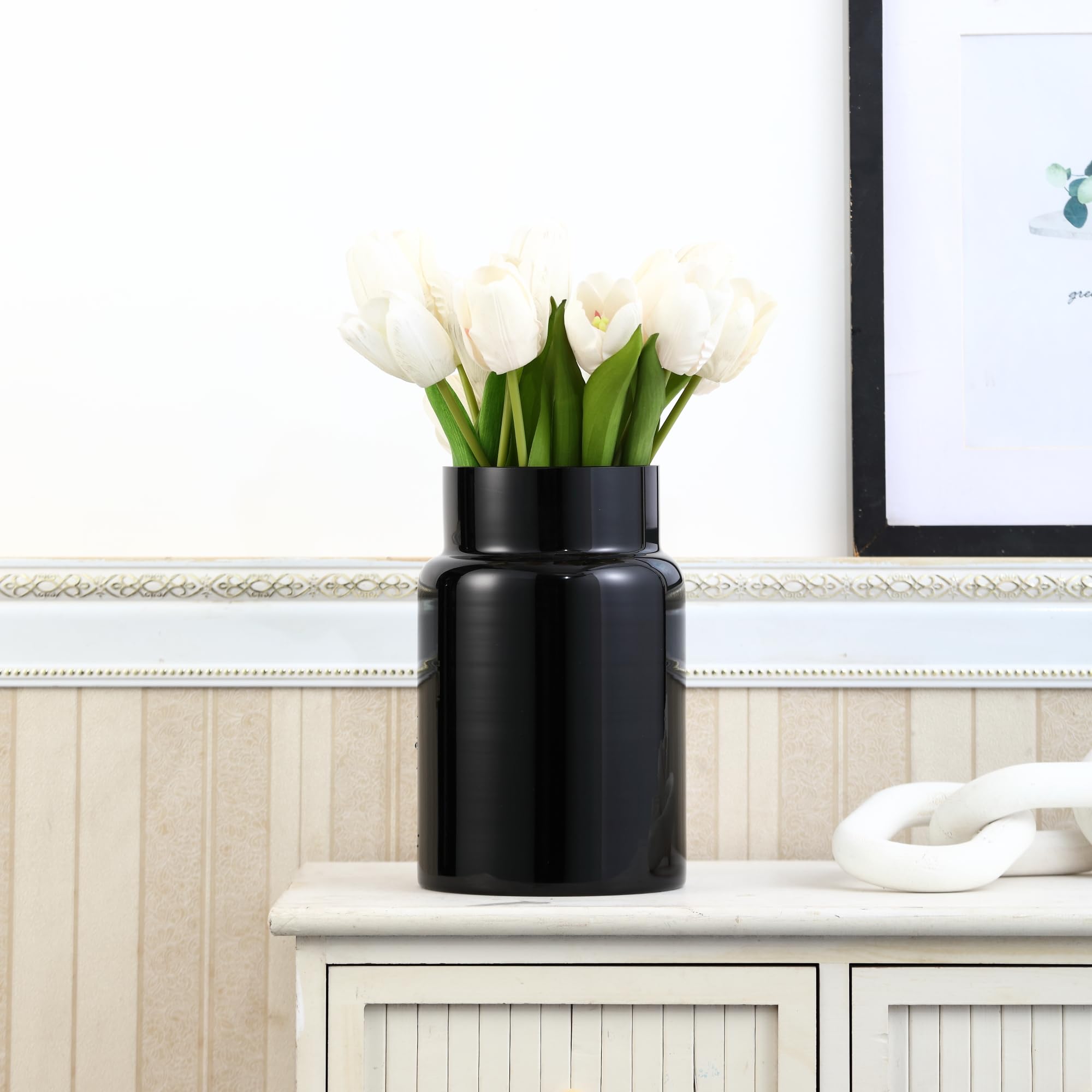 PORPAN Große Glasvase, 9,2 Zoll schwarze Blumenvase, Glas-Blumenvase für Blumenstrauß, hohe Vasen, Weithalsvasen für Blumen, große Vase für Zuhause, Hochzeit, Wohnzimmer, Bürodekor
