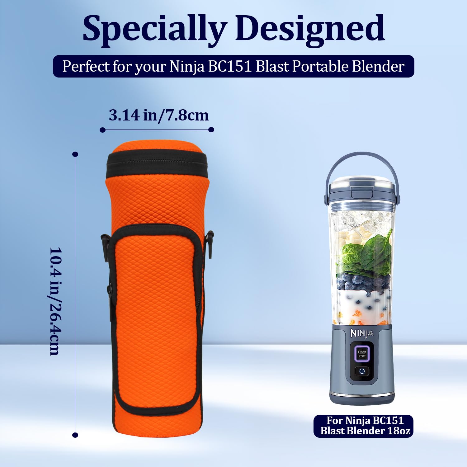 NUENSS-ROR Portable Blender Case with Lid for Ninja BC151 Blast Portable Blender Travel Insulated Sleeve with Adjustable Crossbody Strap and Pocket (Orange)
