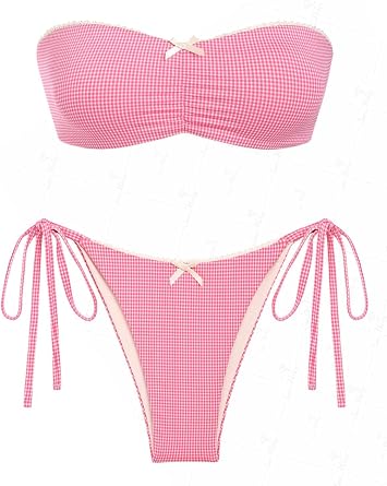 seamoly Womens Gingham Bandeau Bikini Set Strapless Tie Side Swimsuit with Removable Pads