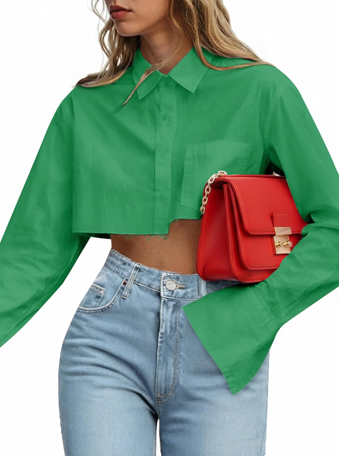 Remidoo Women's Casual Striped Cropped Button Down Shirt Long Sleeve Crop Top