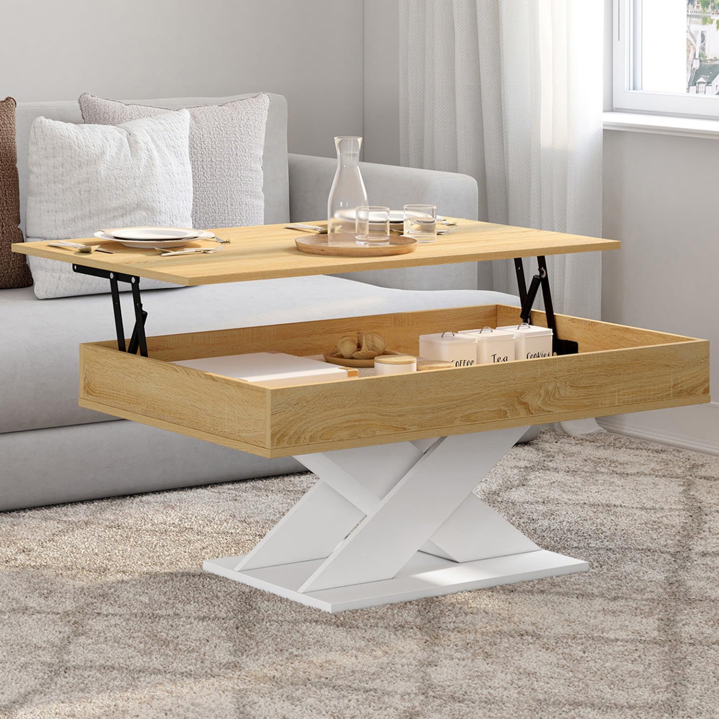 IDMarket - Tavolino rettangolare con piano rialzabile in legno ALICIA e base bianca