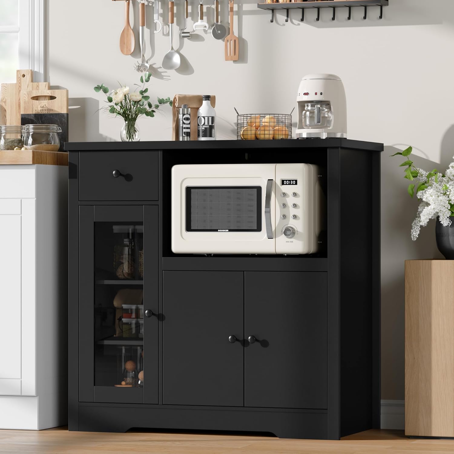 GarveeHome Kitchen Microwave Cabinet with Storage and Drawers, Modern Small Buffet Cabinet with Glass Doors and Adjustable Shelf, Wooden Sideboard with Wide Top for Dining Room, Living Room, Natural