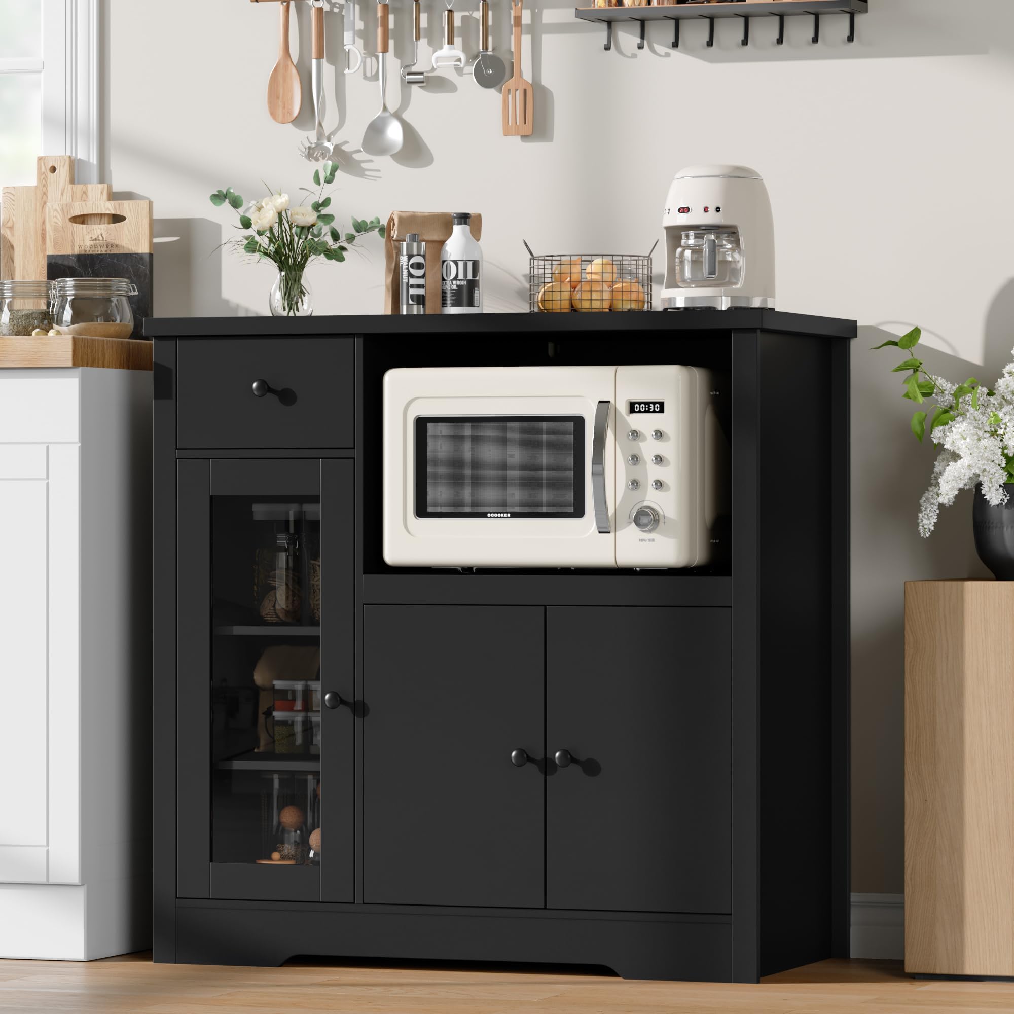 Photo 1 of GarveeHome Kitchen Microwave Cabinet with Storage and Drawers, Modern Small Buffet Cabinet with Glass Doors and Adjustable Shelf, Wooden Sideboard with Wide Top for Dining Room, Living Room, Black
