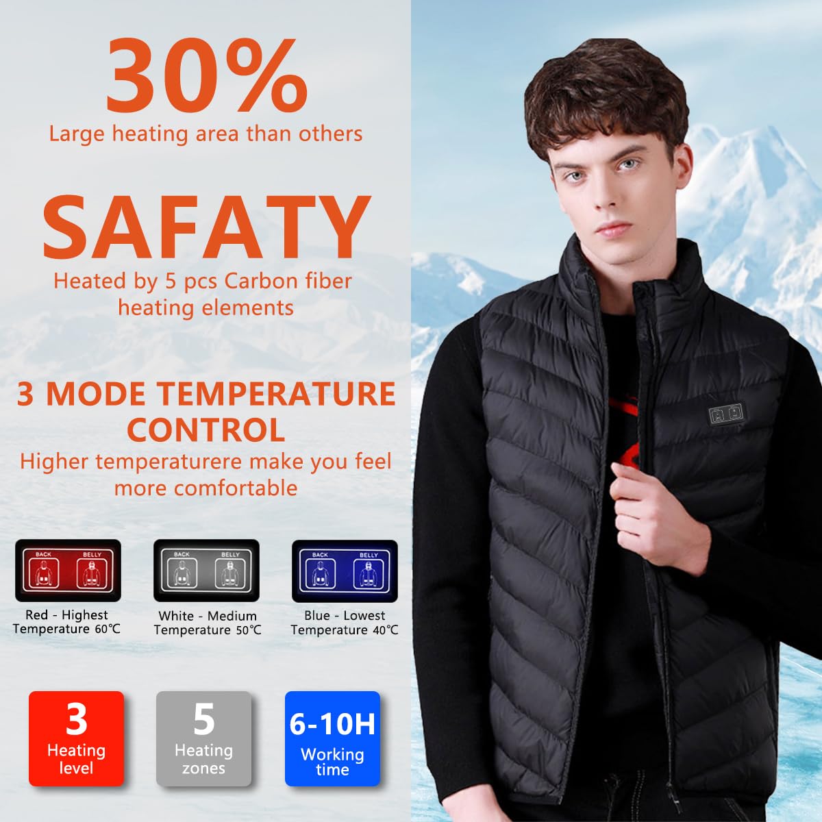Gilet Riscaldabile per Uomo e Donna, Gilet Riscaldato USB con Batteria da 5 V 10000 mAh, Giacca Calda Invernale per Escursionismo, Caccia, Moto, Campeggio
