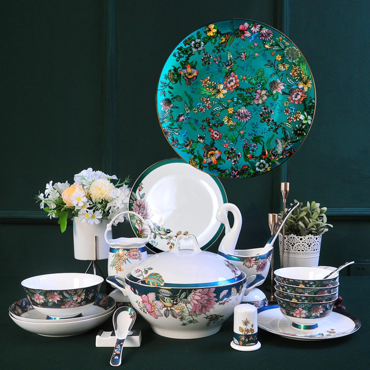 Amazon.com | Luxury Blue Flower Bone China Dinnerware Set 70
