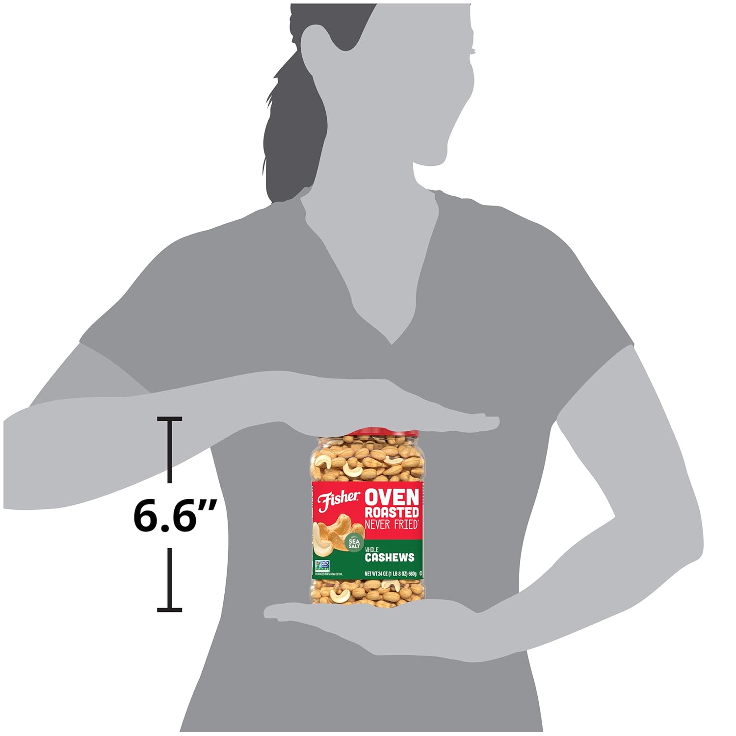 Fisher Oven Roasted Never Fried Whole Cashews, Snacks for Adults, Made With Sea Salt, No Added Oils, Artificial Ingredients or Preservatives, Gluten Free, Vegan Protein, Bulk, 24 Ounces (Pack of 2)