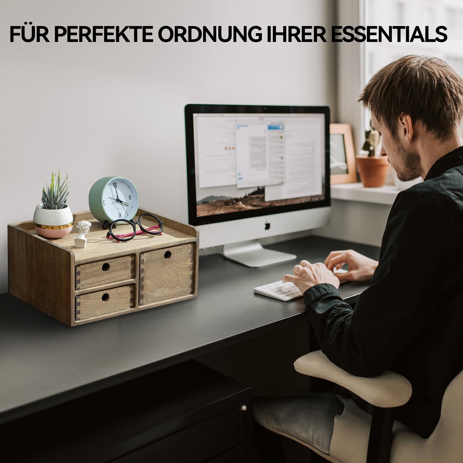 KIRIGEN Holz-Schreibtisch-Organizer mit 3 Schubladen und 1 Einlegeboden Heimarbeitsplatz Bürobedarf Holzaufbewahrungsbox Regal Case Hold Makeup Box Dunkelbraun