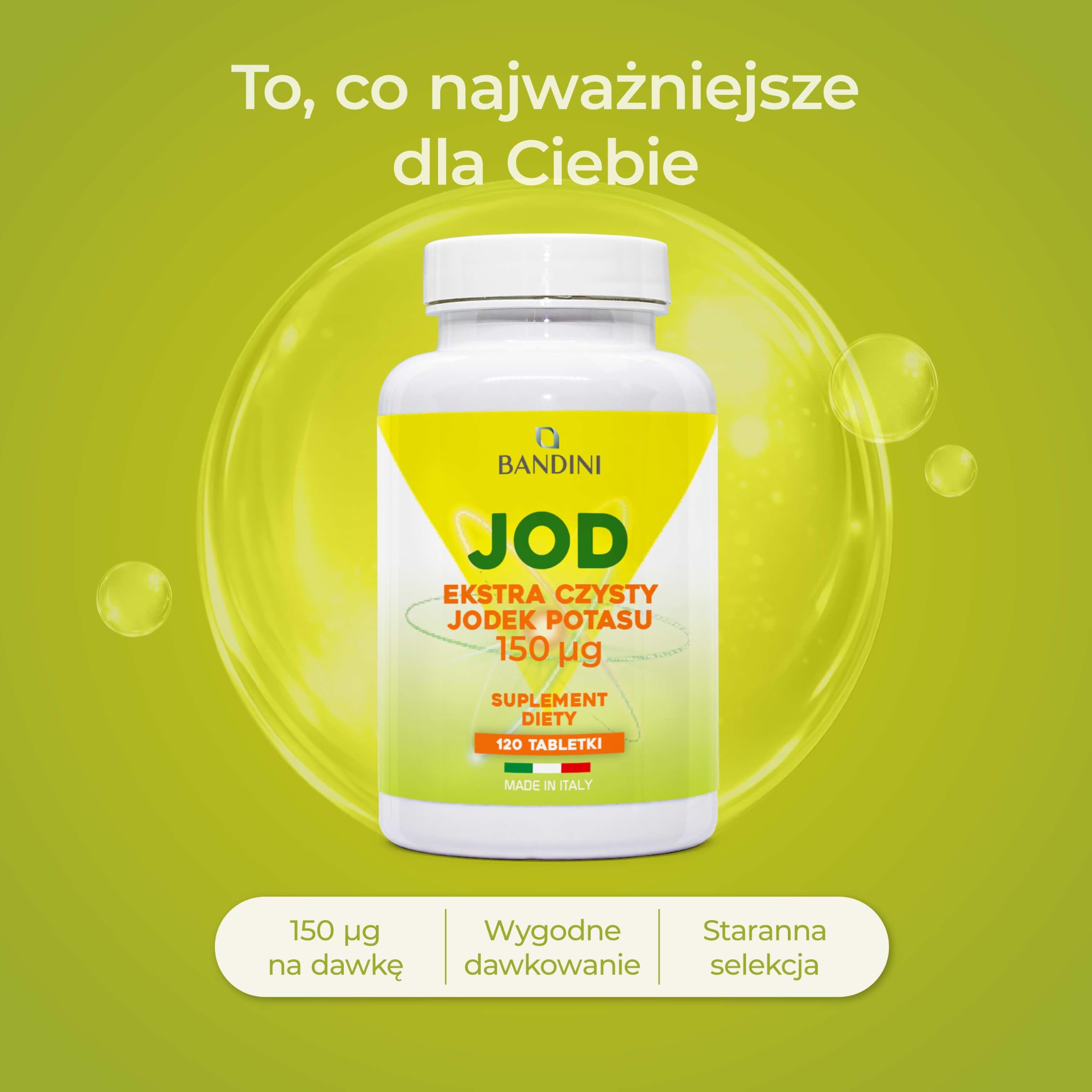 Bandini® JODEK POTASU - Bardzo czysty jod dużej dawce - 150 mcg (NA TABLETKĘ) - 120 Mikrotabletek - Suplement diety z jodem KI, w dużych dawkach, 100% wegański, GMP, bezglutenowy, bez laktozy, bez GMO