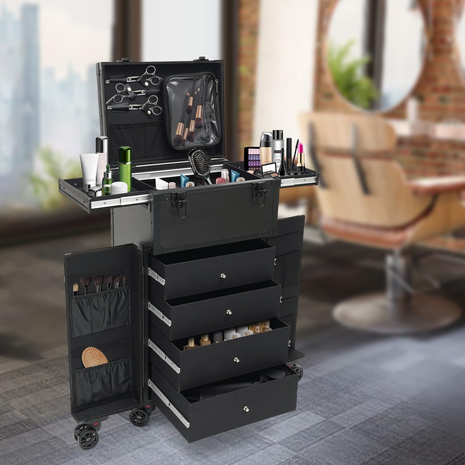 Makeup Koffer Kosmetikkoffer Schminkkoffer Groß Visagistenkoffer Beautycase Beauty Koffer für Make-up Artist Friseurkoffer Aluminiumlegierung mit 6 Universalrädern 4 Schlüsseln