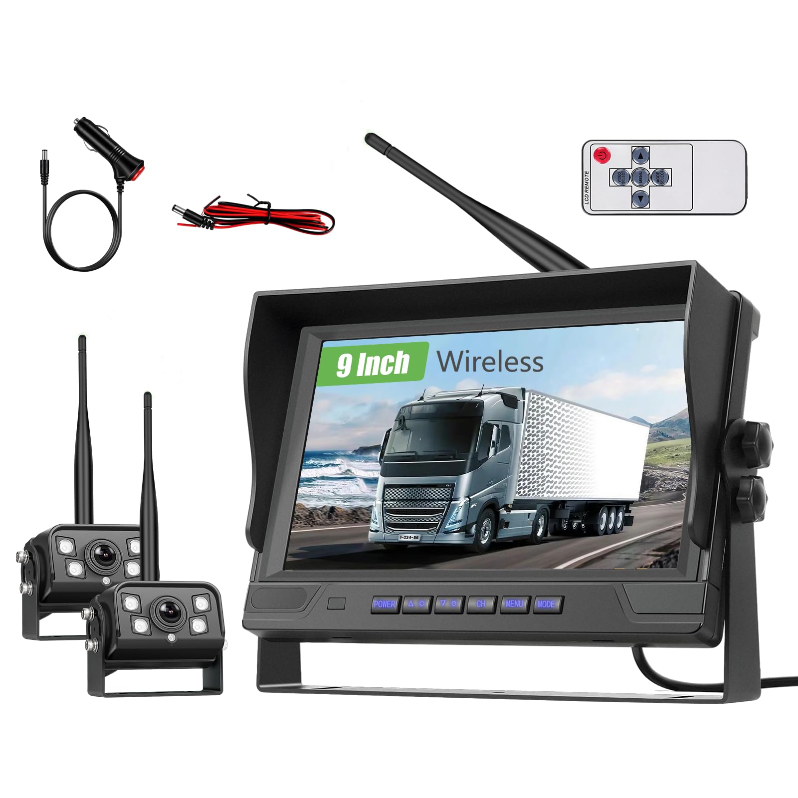 9 Zoll IPS Monitor Digitales Kabellos Rückfahrkamera Set, mit Toter-Winkel-Warnung, Wasserdicht Rückfahrkameras Funk 2 Kameras Aufzeichnung, Nachtsicht, Anhänger/LKW/PKW/Wohnmobil, 12V-24V