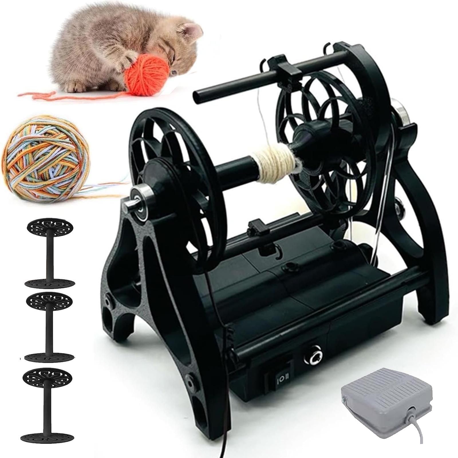 Garnspinnrad Elektrisches Spinnrad, 120 G Automatische Garnwickelmaschine, Hunde- Und Katzenhaar-Wollspinngarn, 3 Spulen, Fußschalter, 800 U/min(Black)