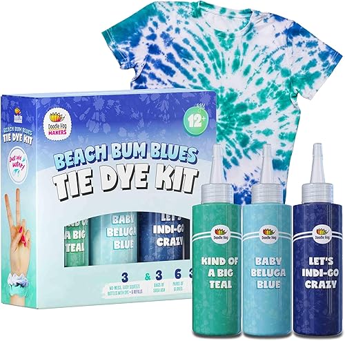 DOODLE HOG Kit de teñido anudado de colores azules en Beach Bum Blue Tie Dye - Tinte de ropa personalizado con 6 recambios para actividades de