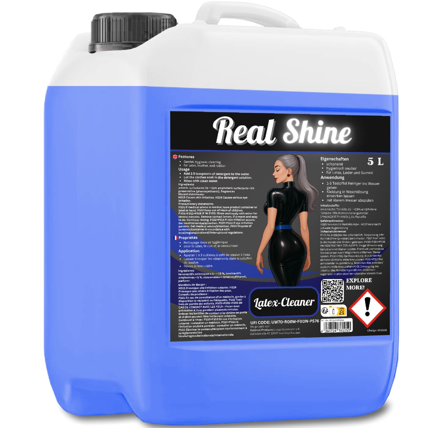Optimal Products Special Latex Cleaner 5 l I Lessive pour latex avec brillance I Nettoyant latex inodore végétalien I Lessive spéciale pour vêtements en latex I Nettoyant également pour caoutchouc et