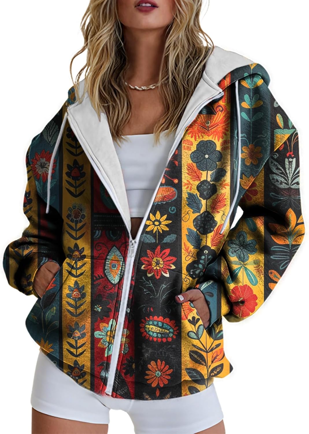 Zip Up Hoodies for Women Novelty Floral Long Sleeve Casual Oversized Sweatshirts with Pockets