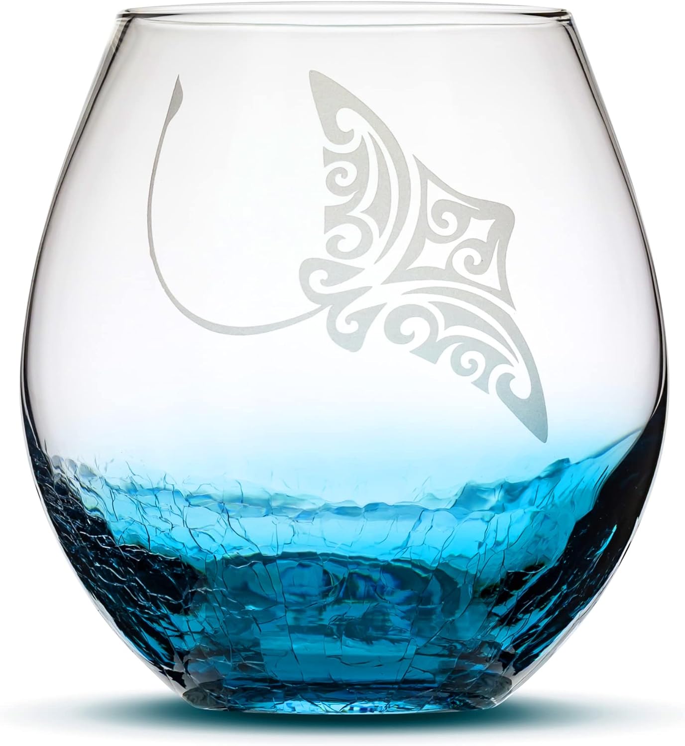 Integrity Bottles Tribal Stingray Design Stemless Wine Glass, Handmade, Handblown, Hand Etched Gifts, Sand Carved, 18oz (Crackle Turquoise)