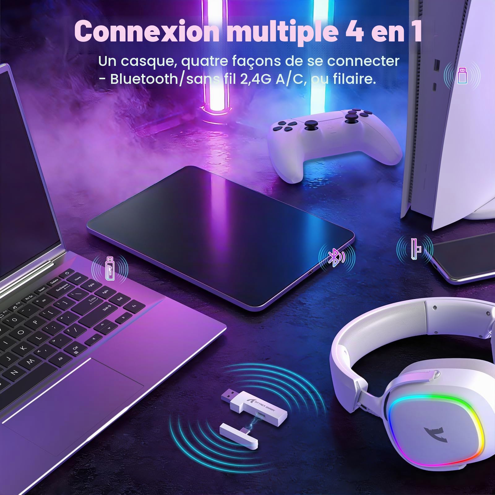 ATTACK SHARK G800 Casque Gaming sans Fil, Cadre Aluminium, 7.1 Surround, Mic ENC Flexible, Tri-Mode(2.4G/BT/3.5mm), 1000mAh, 50mm Pilote, RGB pour PC/Mac/PS/Xbox - Blanc