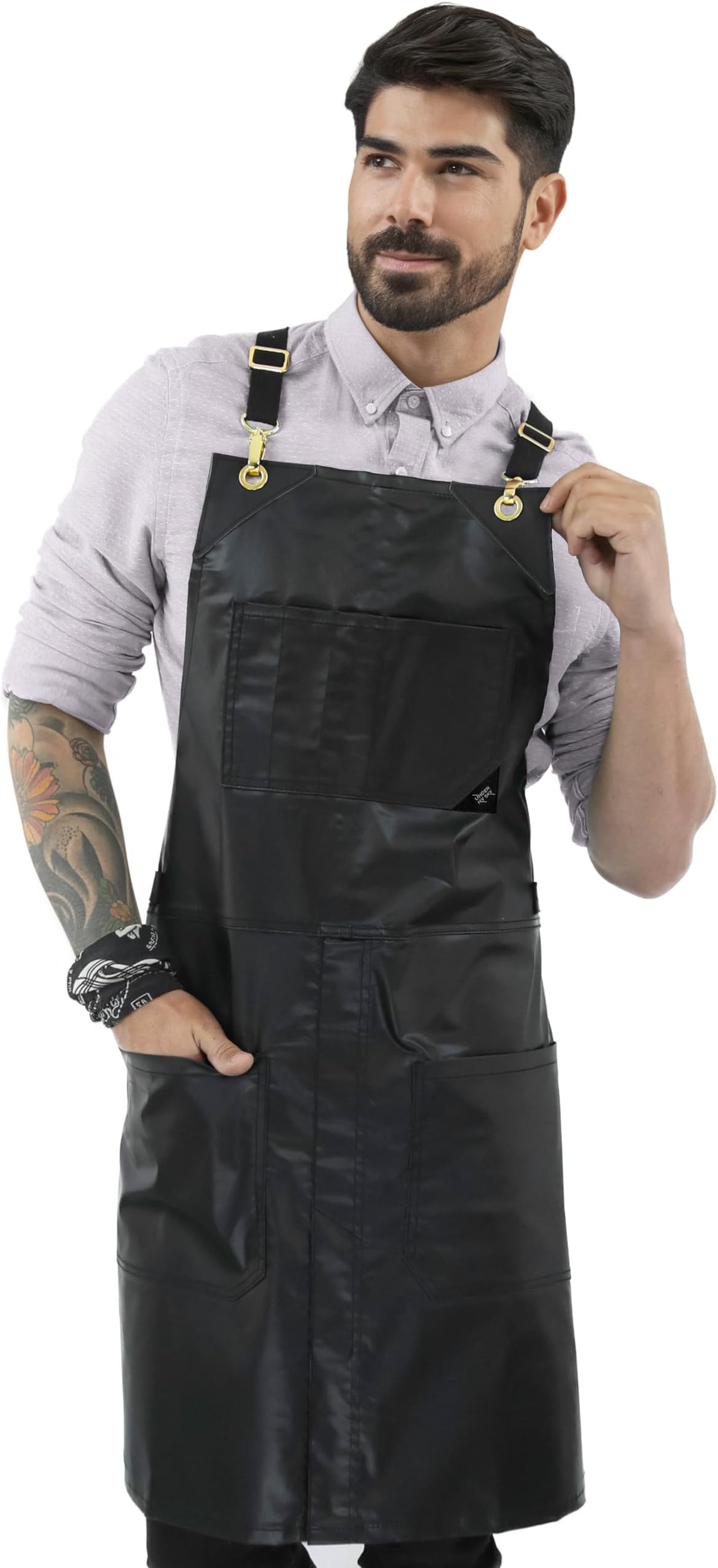 Under NY Sky Cross-Back Black Apron – Golden Hardware, Coated Twill, Leather Reinforcement, Split-Leg – Adjustable for Men, Women, Pro Barber, Tattoo, Hair Stylist, Barista, Bartender, Server Aprons