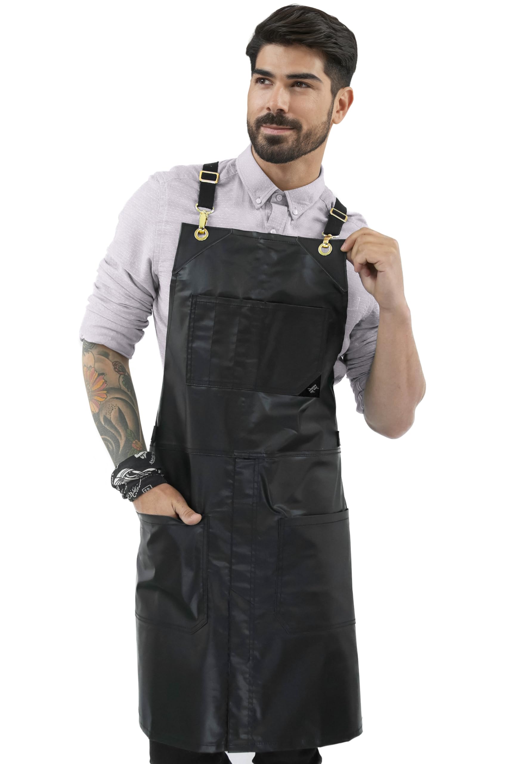 Under NY Sky Cross-Back Black Apron – Golden Hardware, Coated Twill, Leather Reinforcement, Split-Leg – Adjustable for Men, Women, Pro Barber, Tattoo, Hair Stylist, Barista, Bartender, Server Aprons