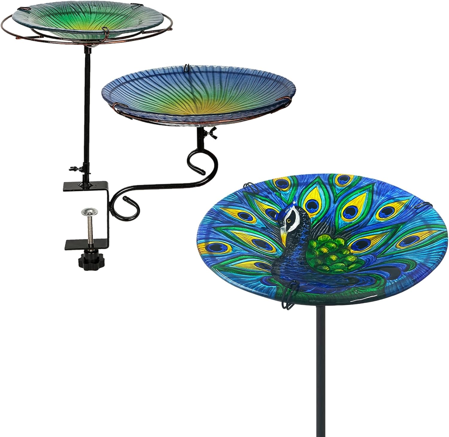 2PCS Glass Bird Baths for Outside, 2-in-1 Deck Mounted + with Stake Birdbath Blue + Peacock Garden Bath Bowl & Bird Feeder for Railing Balcony Fence Patio Yard Decor Gift for Mom