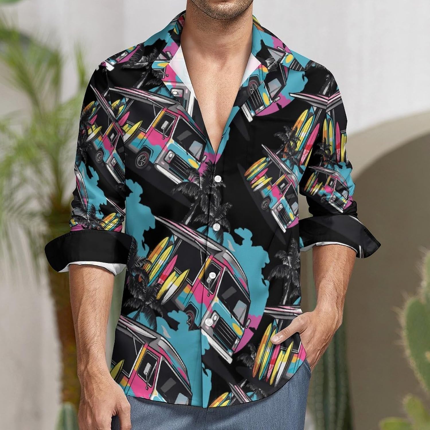 Colorful Truck And Surfboard Long Sleeve Shirts Casual Dress Shirt Button-down T-shirts for Men