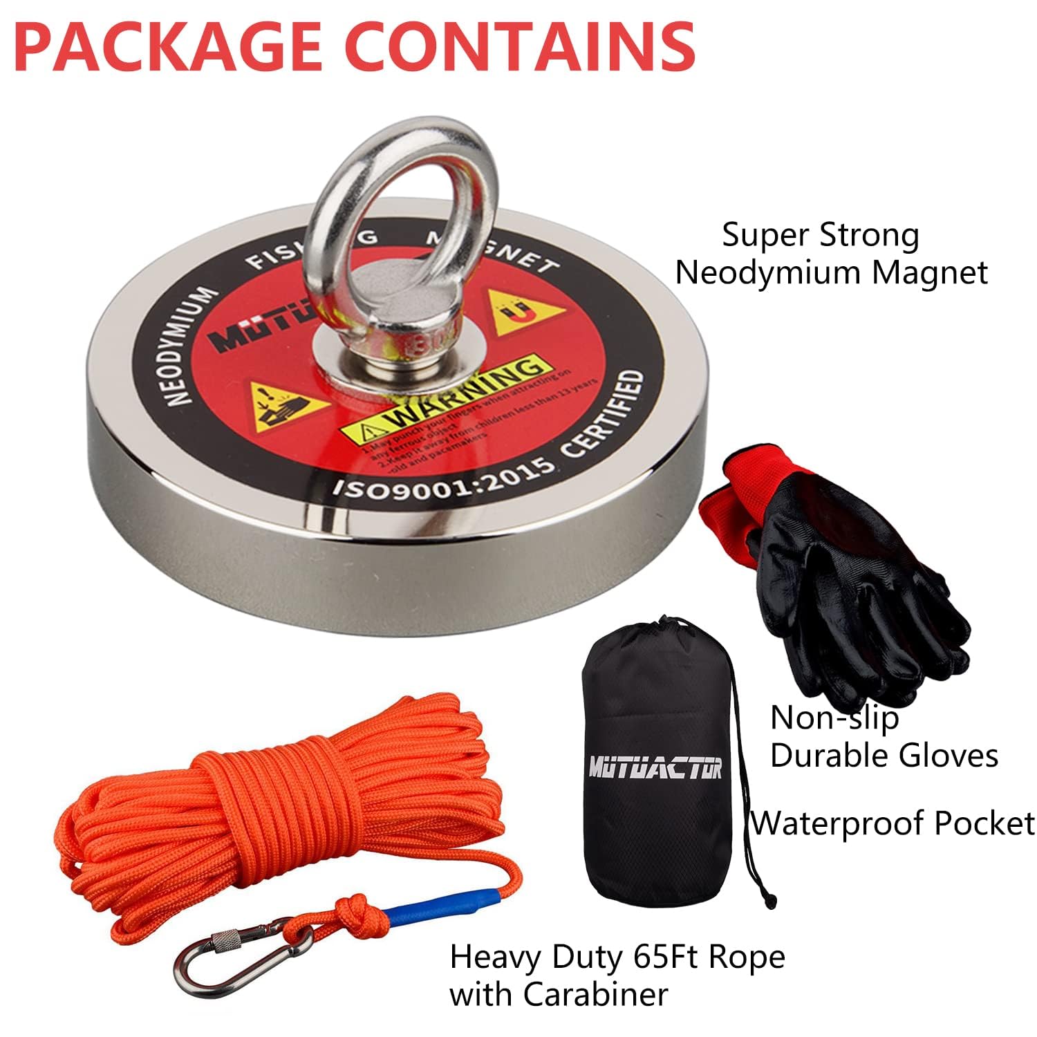 MUTUACTOR Kit d'aimant de pêche 600KG aimant de récupération puissant N52 avec corde durable de 20 m (66 pieds) pour la pêche à l'aimant et la récupération magnétique sous l'eau …