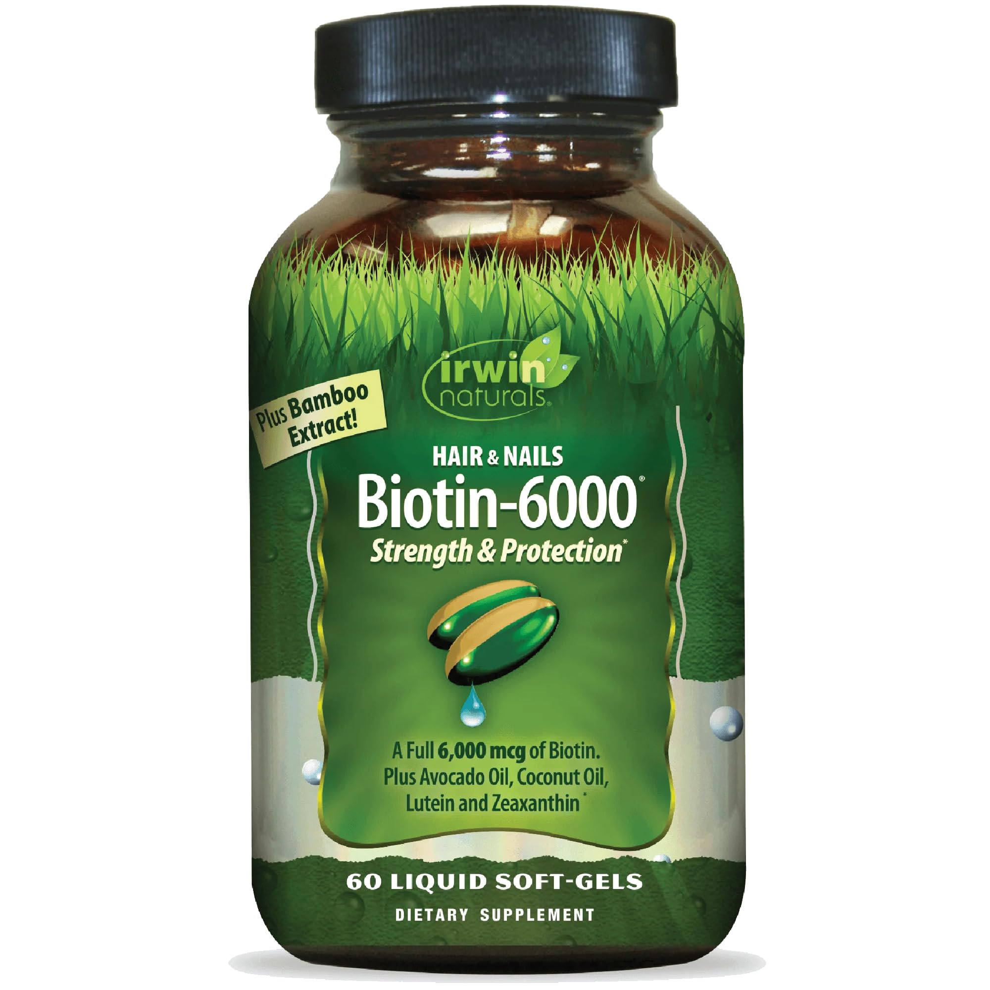 Biotin-6000 - Supports Strength & Protection for Hair & Nails with Avocado Oil, Coconut Oil, Lutein & Zeaxanthin - 60 Liquid Softgels