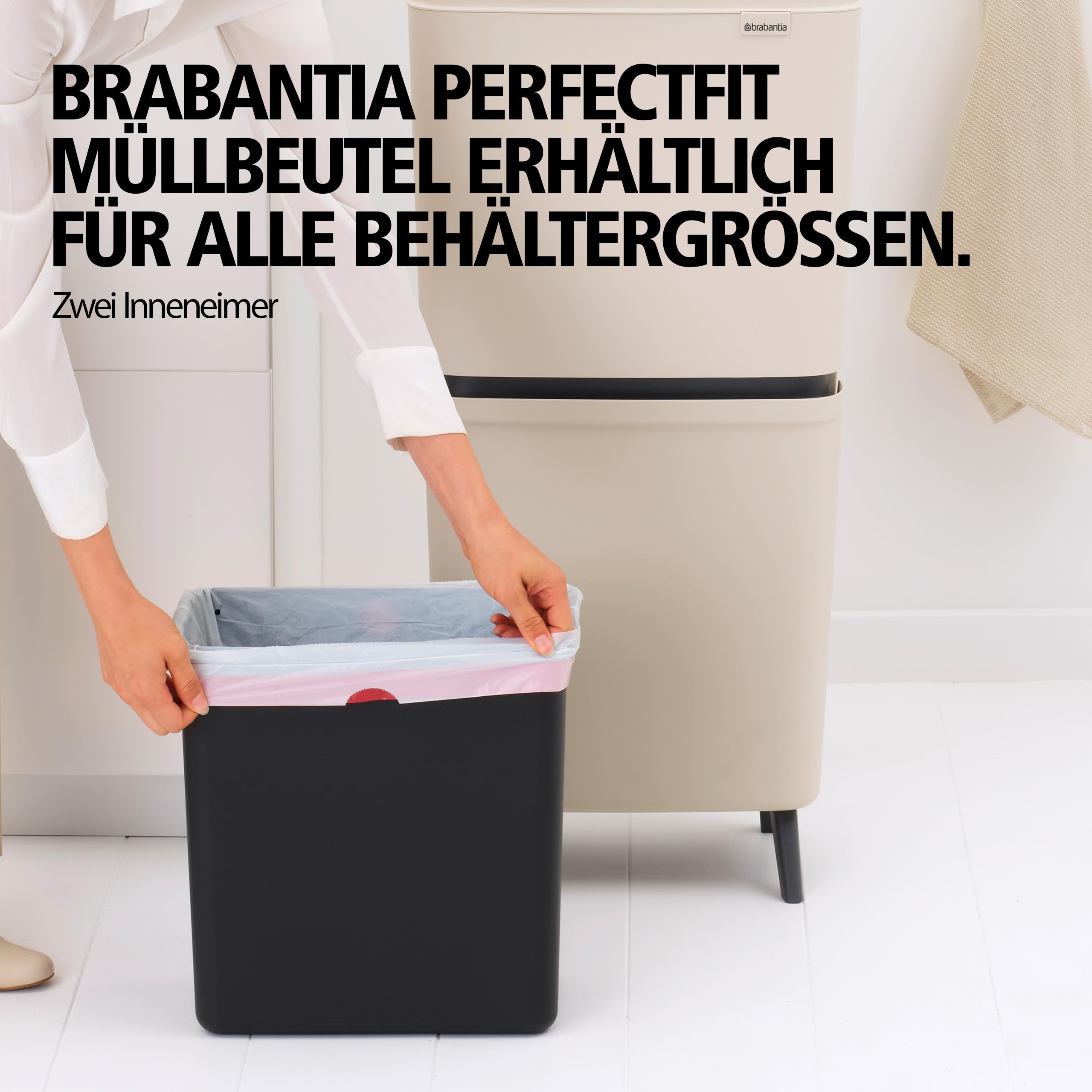 Brabantia SortUp Abfalleimer 20+25 Liter (Soft Beige), Mülleimer mit Deckel mit herausnehmbaren Behältern, schlankes Mülltrennsystem für die Küche mit sanft schließendem Deckel