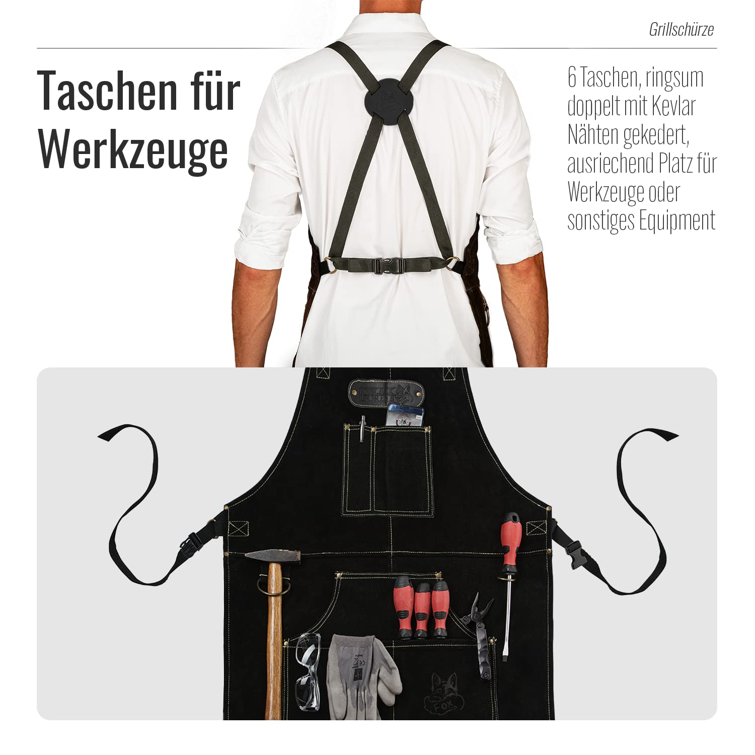 Tablier de soudeur Rough - En cuir de buffle sauvage - Pour barbecue, restauration, barista, cuisine - 61 x 94 cm - Variable de M à XXL en 3 couleurs - Noir - Taille Unique