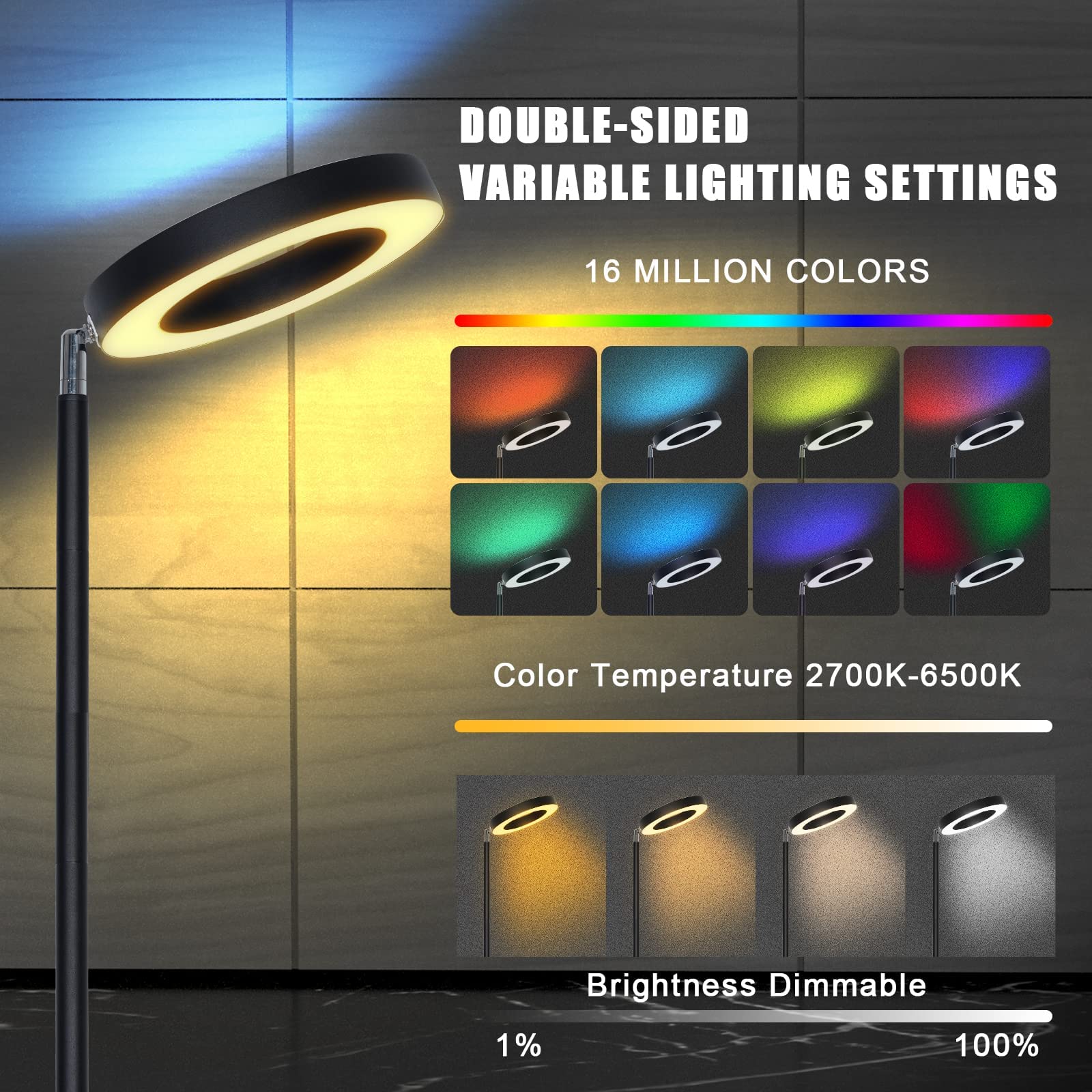 Pie de salón SMART, WI-FI + sensor táctil + APP control, dimable 3000K- 6000K + RGB 42W NEGRO, orientable y giratorio. Luz directa e indirecta. Inteligente, Alexa, Google.