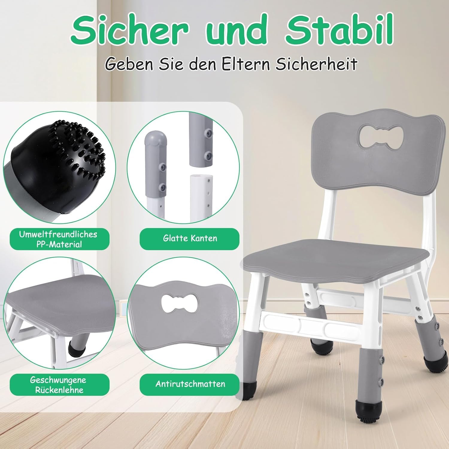 4PCS Sedia Bambini Plastica, Sedie per Bambini Regolabile in Altezza, Sediolina Portata 100kg, Sgabello da 2 Anni, Sedia da Scrivania per Bambini per la Cameretta, Scuola, Asilo Nido, Grigio