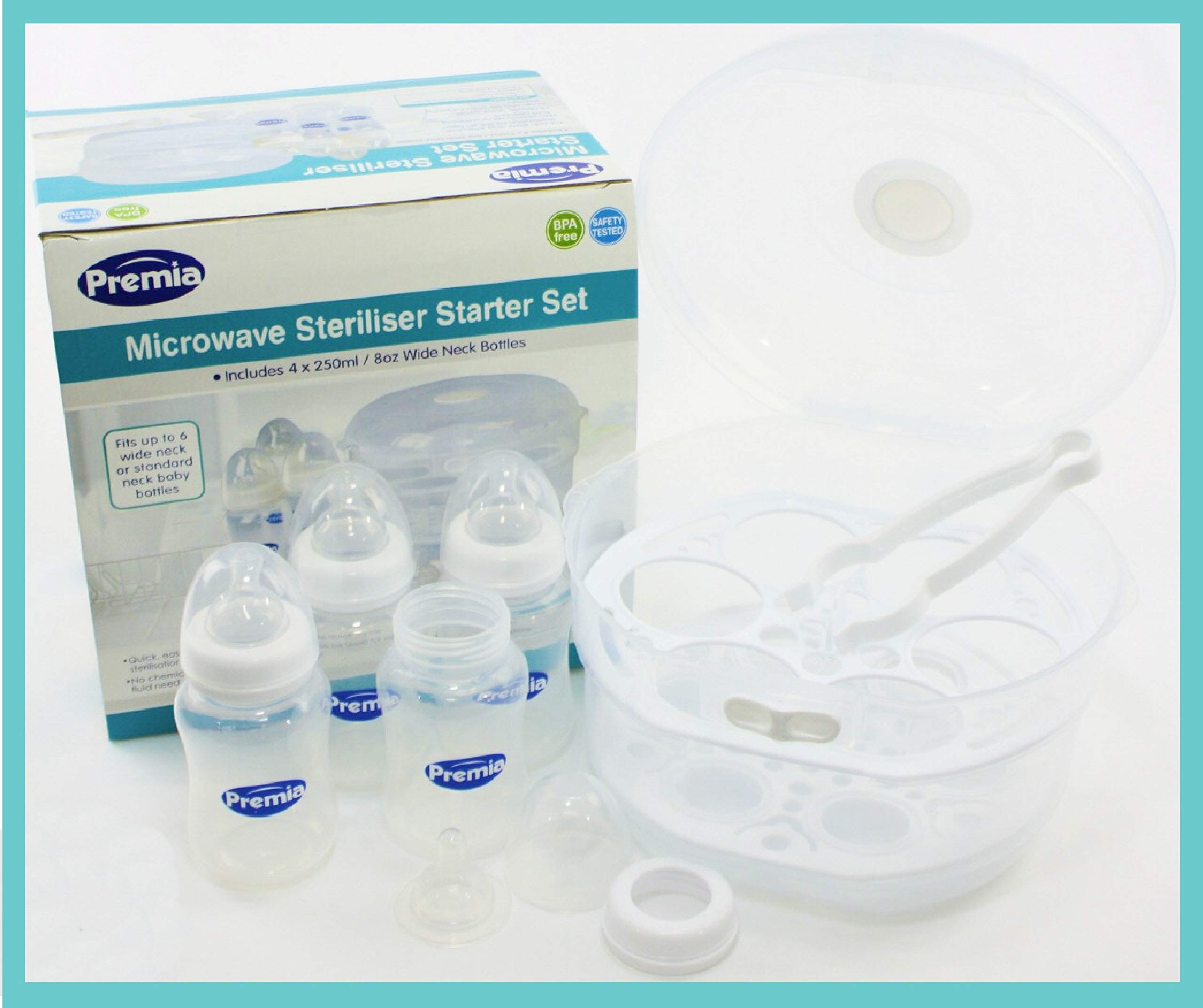 Premia Deluxe Microwave Steam Sterilizer Starter Set Includes 4 (8oz/250ml) Wide Neck Baby Bottles, Sterilizing Tongs & 2 Racks -Fits up to 6 Wide Neck or Standard Size Bottles