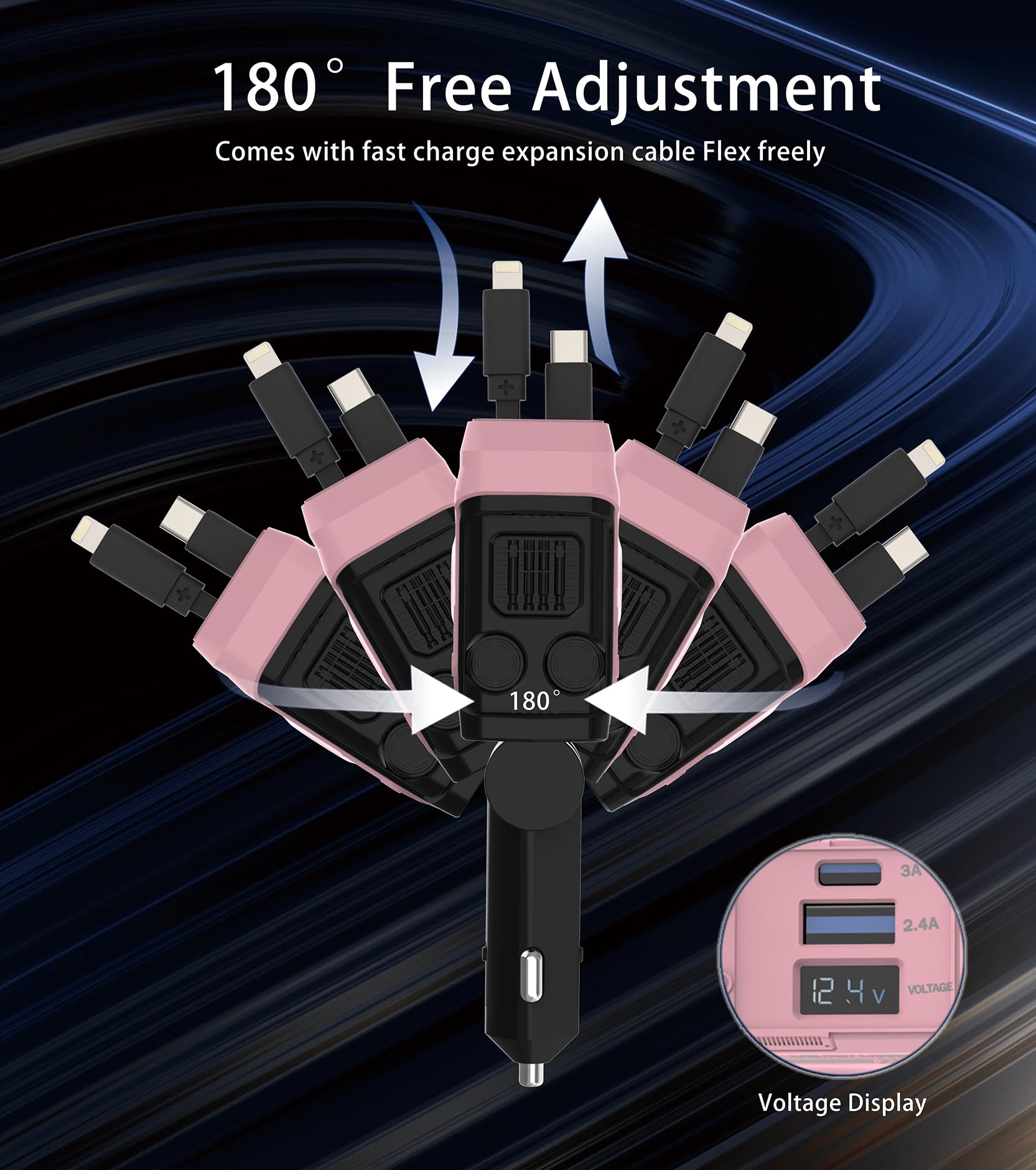 Cargador retráctil para coche, cargador de teléfono retráctil 4 en 1 con carga rápida de 66 W, 2 cables retráctiles y 2 puertos USB-C USB-A compatibles con iPhone 17/16/15/14/13/12, Samsung, Galaxy