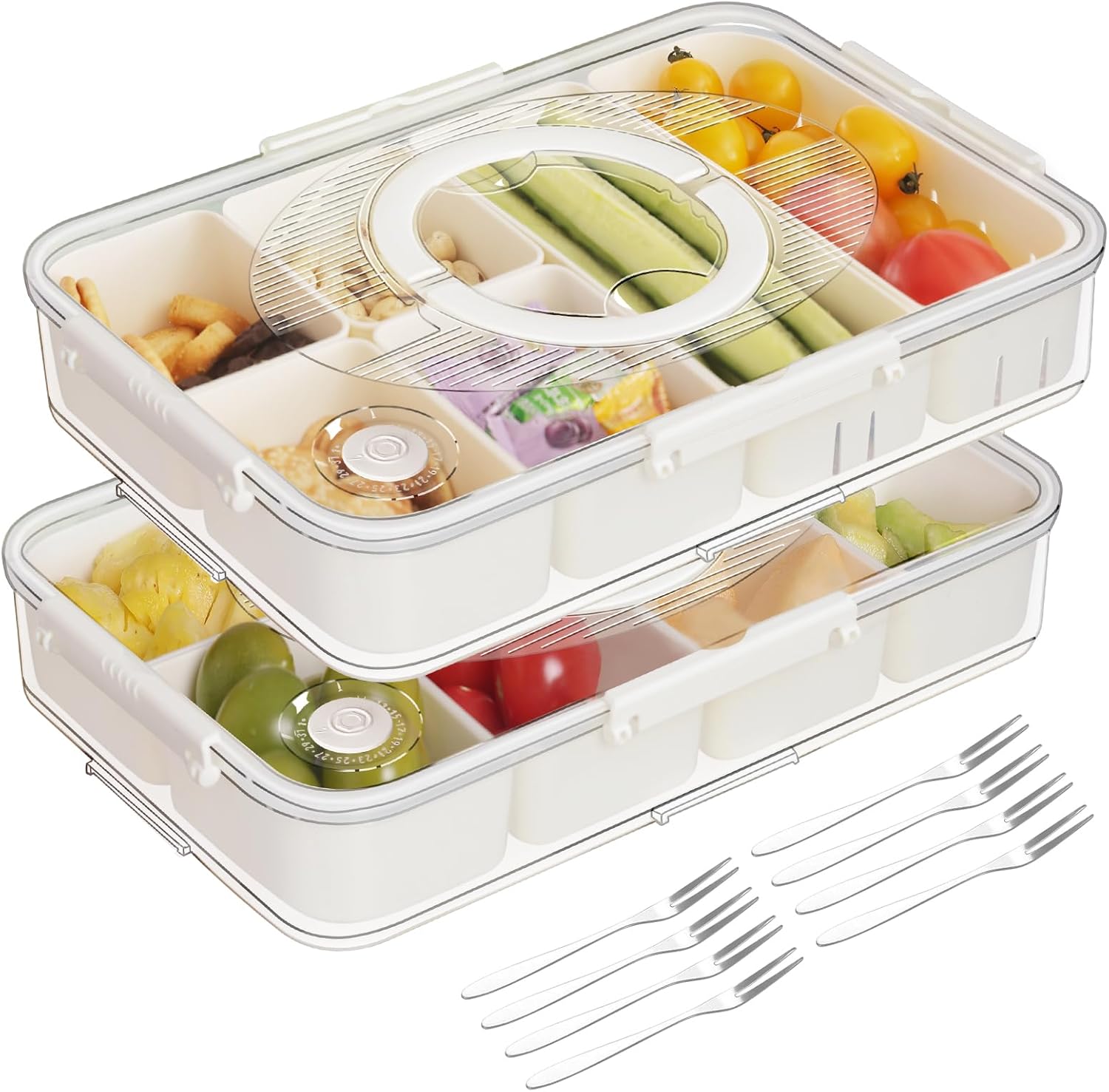 Upgraded Stackable Snackle Box Container, BPA-Free 14 Compartment Snackle Box Organizer with 2 Lids, Dishwasher & Microwave Safe Reusable Snacklebox for Fruits, Veggies, Charcuterie and Snacks, 2Pack