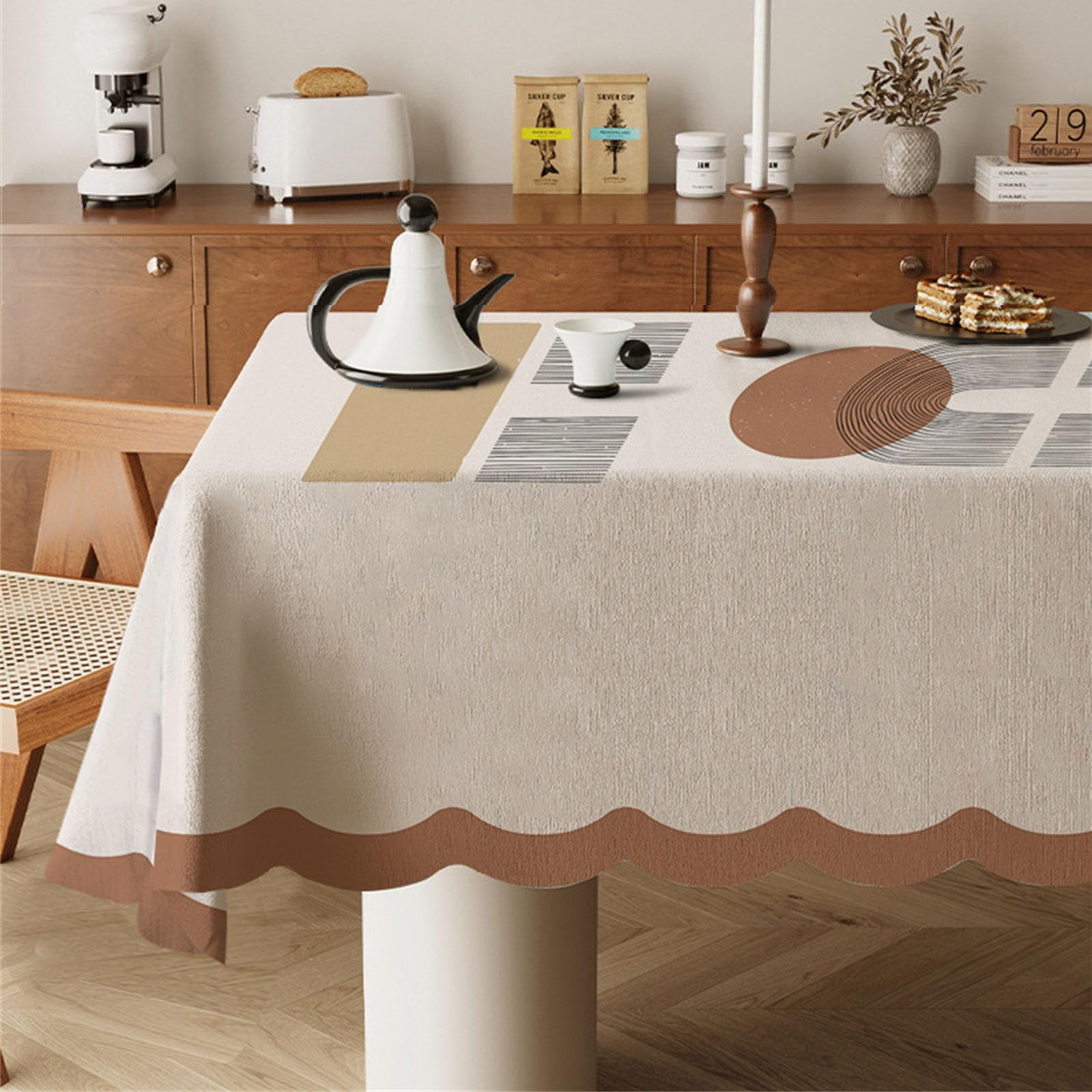 Odot Wipe Clean Tablecloths - Square, Stain Resistant Traditional French Style Cotton and Linen Rectangular Table Cover for Kitchen, Dining, Coffee Table (Geometric lines,140x220cm)